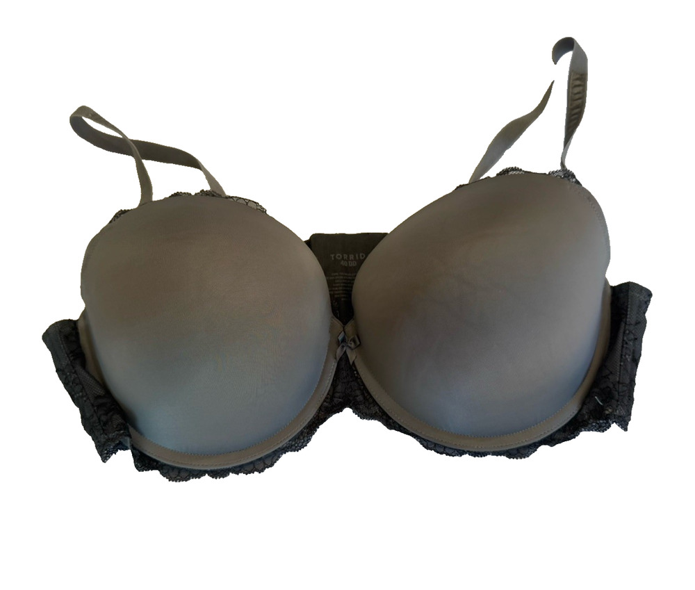 Torrid Balconette Bra Gray Contoured Cups Black Lace Trim Plus Size 40DD